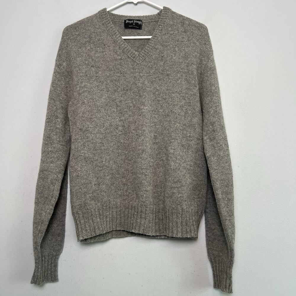 Royal Knight Mens Wool Blend V Neck Cable Knit Sweater Gray Sz M Preppy USA Made